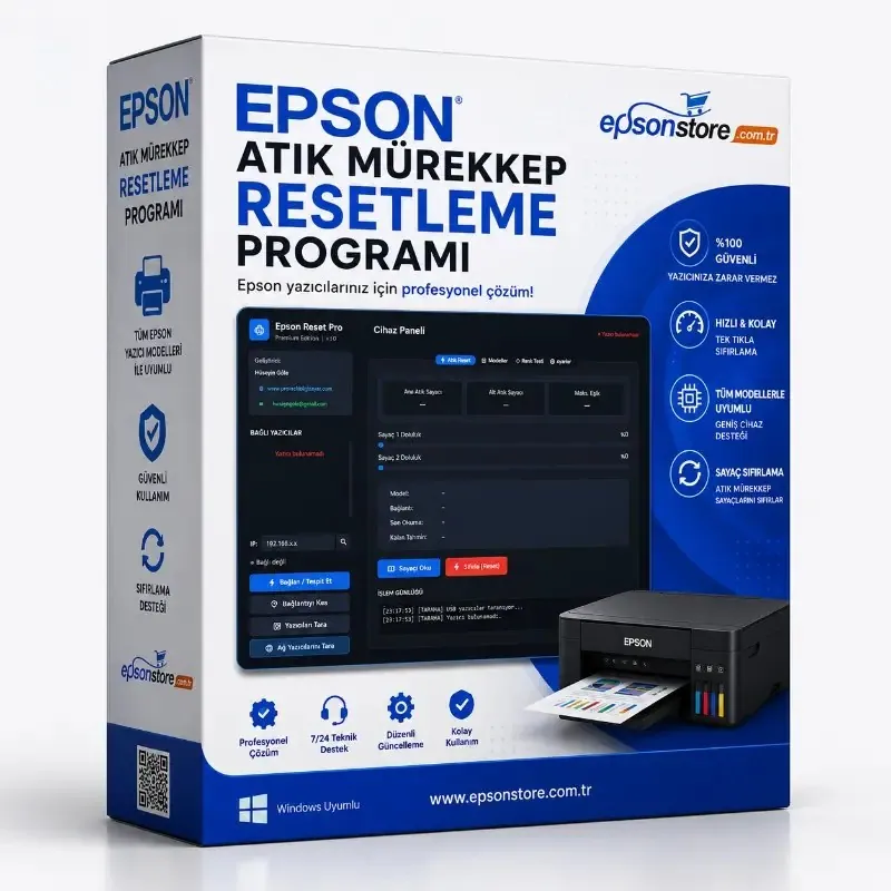 Epson Atık Mürekkep Resetleme Programı kutusu ve program arayüzü