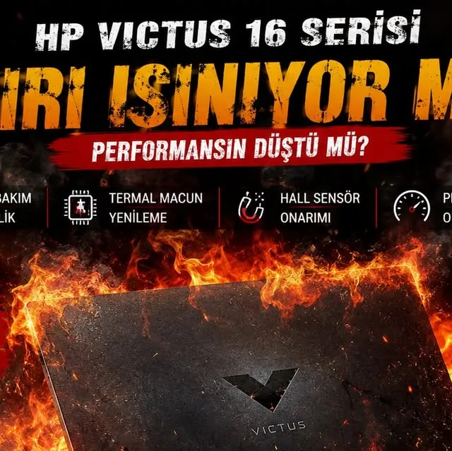 HP Victus 16 serisi laptoplarda profesyonel bakım, termal macun yenileme ve Hall sensör onarımı gerçekleştiriy